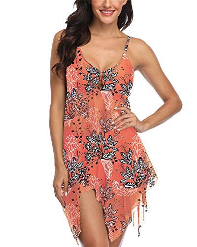 Temptme Women Swimsuit Two Piece Tankini Mesh Swimdress Floral Printed with Boyshort Bathing Suits