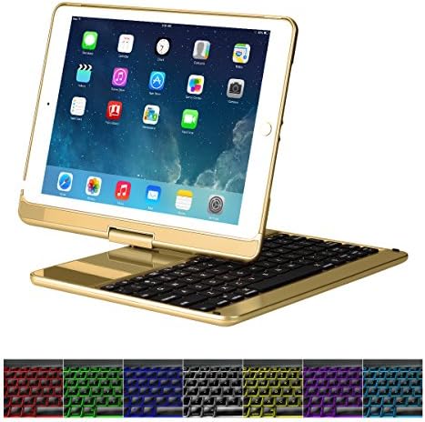 Cstorm 9.7" New iPad 2017 Bluetooth Wireless Smart Keyboard Case 7 Color LED Backlit Ultra Thin Auto Sleep Wake up 360 Rotatable Stand Folio Protective Dust-proof Cover for iPad Air Air2 Pro9.7"