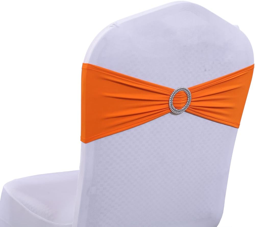 Slipcovers - MDS Pack of 25 Spandex Chair Sashes Bow sash Elastic Chair Bands Ties with Buckle for Wedding and Events Decoration Spandex Slider Sashes Bow - Orange