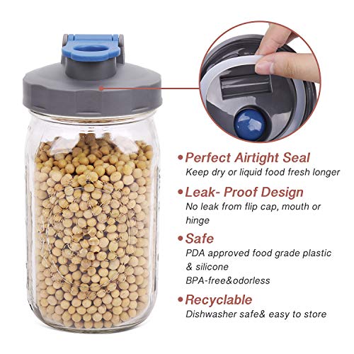 4 Pack of Flip Cap Mason Jar Lid with Leakproof & Airtight Seal and Easy Pour Spout WIDE