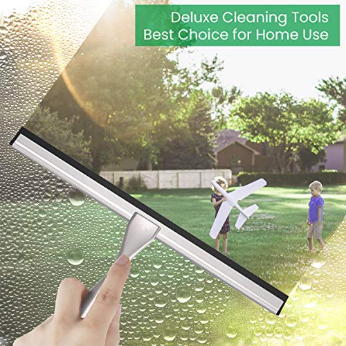 LPOLER Shower Squeegee, All-Purpose Stainless Steel Shower Cleaner for Shower Doors, Bathroom, Window, Mirror and Car Glass, Longer Handle with Hook and Screwdriver (Silver, 10 Inches)