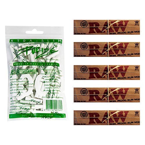 Purize Xtra Slim Size Active Carbon Filter (100 Piece) +Raw King Size Slim Papers (5 Pcs)
