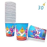 30 Baby Cute Shark Cups for Birthday Party Supplies, Disposable Paper 9oz Cup, Doo Doo Decorations