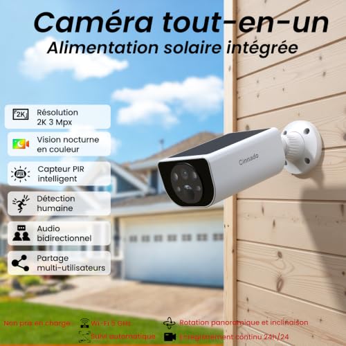 Cinnado 2K Camera Surveillance WiFi Exterieure sans Fil - Camera Exterieur sans Fil Solaire avec Panneau Solaire Intégré, 2.4GHz, Audio Bidirectionnel, Vision Nocturne Couleur, Alerte PIR, IP65