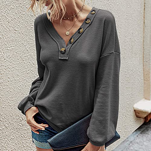 BTFBM Women Waffle Knit Shirts VNeck Long Sleeve Casual Slouchy Loose