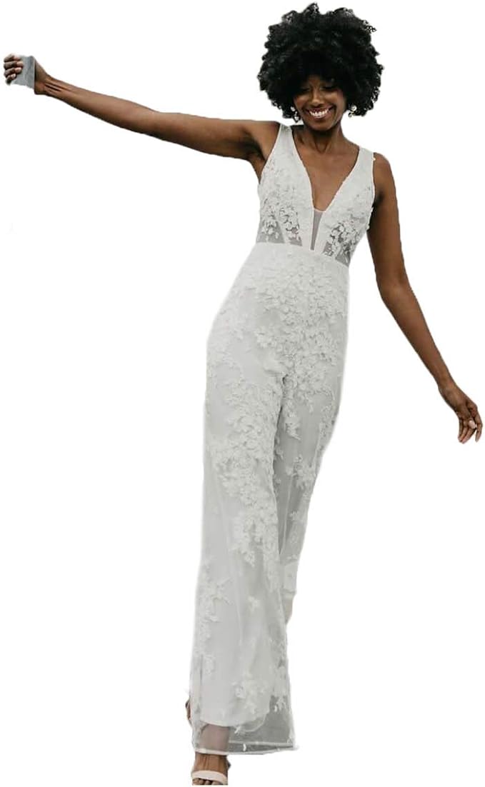 CY Beach Wedding Jumpsuit Deep V Neck Lace Applique