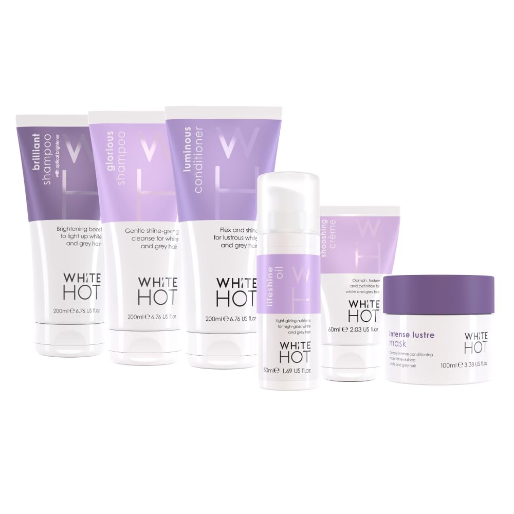 White Hot Ultimate Collection, hair care products to brighten, add gloss & shine to white and grey hair, purple shampoo, banishes yellowy tones.