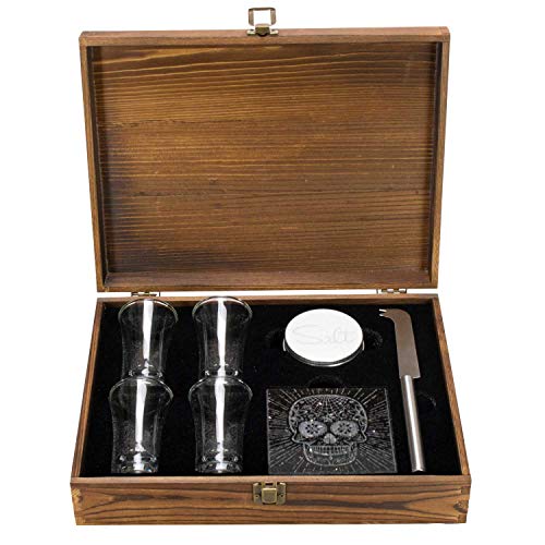 Atterstone Tequila Box Set Featuring 4 Premium Shot Glasses, Garnish Knife, Salt Tin with Lid, Candy Skull Themed Wooden Box and Coaster | Perfect for Mexican Themed Parties, Holiday Gifts - Thumbnail 2