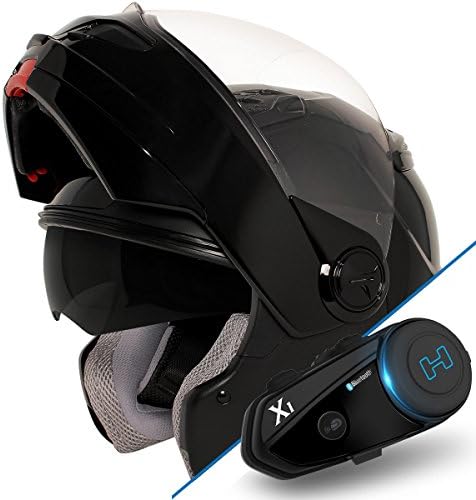 Hawk ST-1198 Transition 2 in 1 Glossy Black Modular Helmet with Hawk X1 Black B - Small w/ X1 Bluetooth