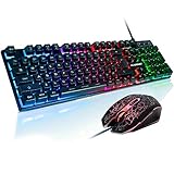FLAGPOWER Gaming Keyboard and Mouse Combo, Rainbow Backlit Mechanical Feeling Keyboard with 4 Colors Breathing LED Backlight Mouse for PC, Laptop, Computer