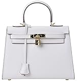 Women's Padlock Handbag Genuine Leather Taiga Top Handle Satchel Bag Cherish Kiss (28CM, white)