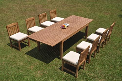 WholesaleTeakFurniture Grade-A Teak Wood 8 Seater 9 Pc Dining Set: 122" Caranas Double Extension Rectangle Table and 8 Devon Armless Chairs #WFDSDV54