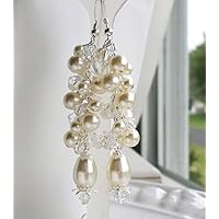 Cream Swarovski Pearl Crystal Long Cluster Wedding Earrings