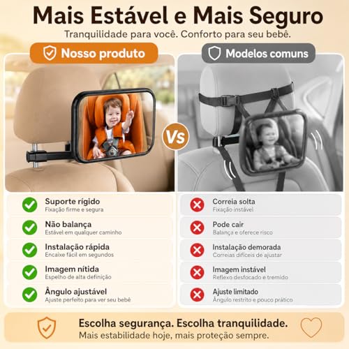 Altomex Espelho Retrovisor Traseiro para Carro, Preto, Ajustável, Monitoramento de Bebê na Cadeirinha, Visão Ampla, Retangular