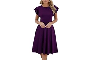HELYO Women's Semi-Formal Ruffle Sleeves V-Back Work Fit and Flare Cocktail Knee Length Dress with Pockets 842