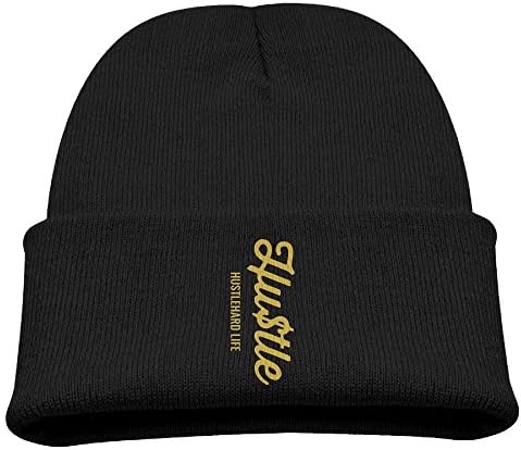 Hinanqugu Kids Hustle Unisex Winter Warm Knit Hat Cute Soft Stretch Lined Beanie Cap Black