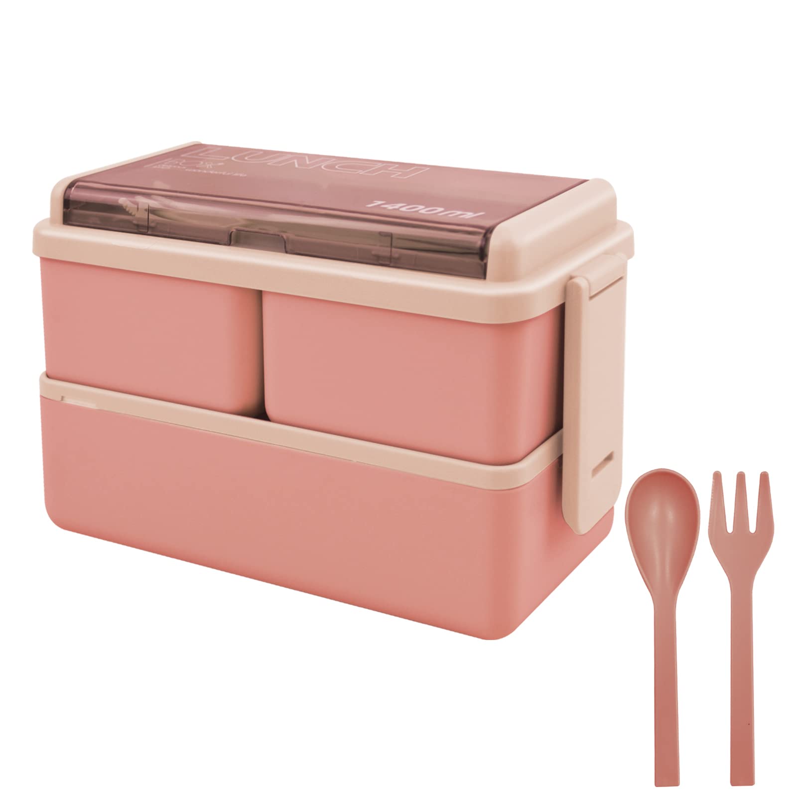 Jsdoin Bento Lunch Box Stackable,1400ml Containers with 3 Removable Compartments and Cutlery, Leak Proof 2 Layer Boxes, for Adults Kids Office Microwave Dishwasher Safe Available(pink)