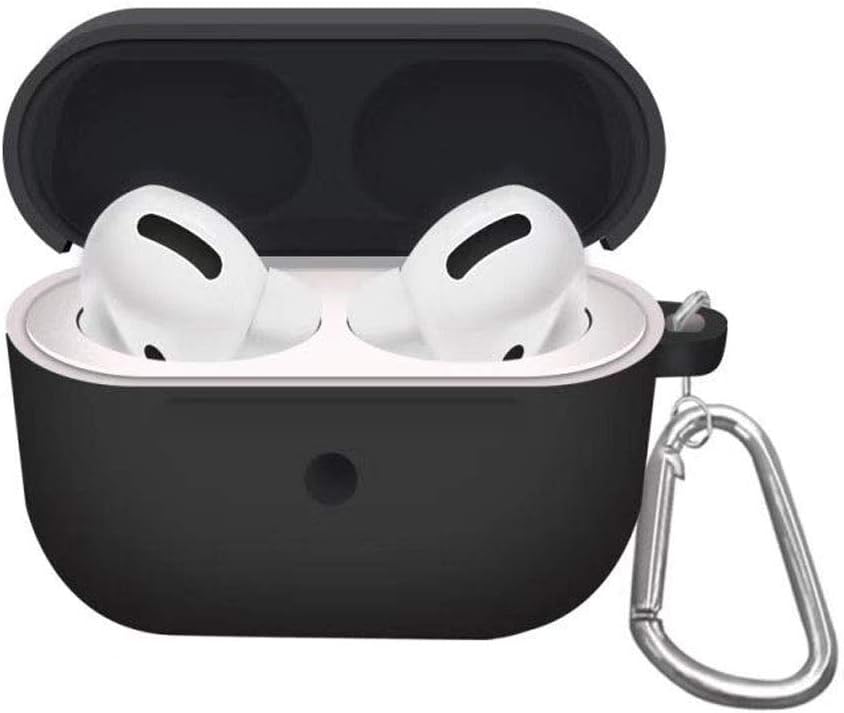 Silicone Protective Cover for AirPods Pro Case, iKNOWTECH [Front LED Visible] [Added Carabiner] Full Protection Shock Absorption Anti-Fall Anti-Scratch, Charging Port dust Plug (Black)