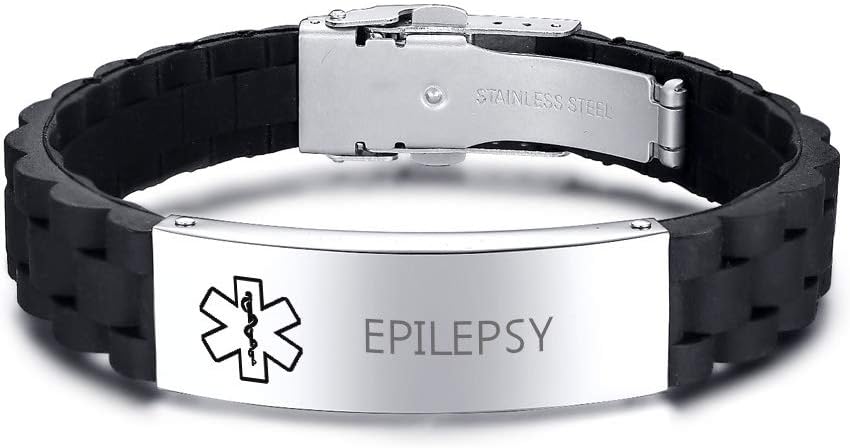Medical Alert Silicone Bracelet, Emergency ID Bracelets Stainless Steel Black Wristband Identification Free Engraving Adjustable for Men Women