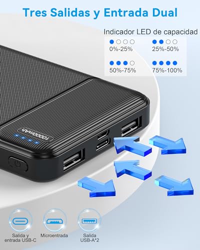 AsperX 2-Pack Power Bank 10000mAh USB C Bateria Portatil Cargador Portatil | Carga Rapida Pila Portatil Powerbank with 3 Output Pila Recargable para iPhone 15 14 13 12 Xiaomi Google LG