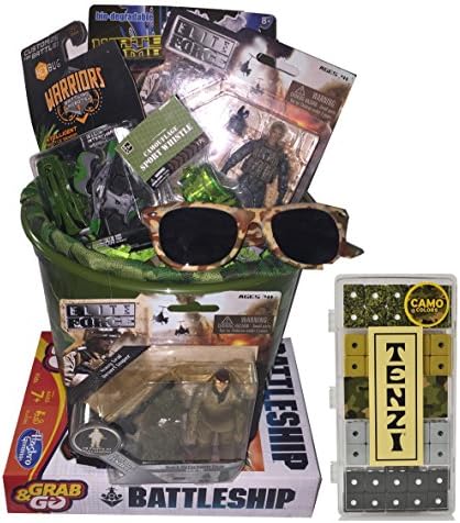 Elite Force Army Military Camouflage Toy Easter Gift Basket with Camo Tenzi Dice Game, Hex Bug Warriors, Hasbro Grab'n'Go Battleship Game - Perfect Idea Easter Gift for Boys or Girls