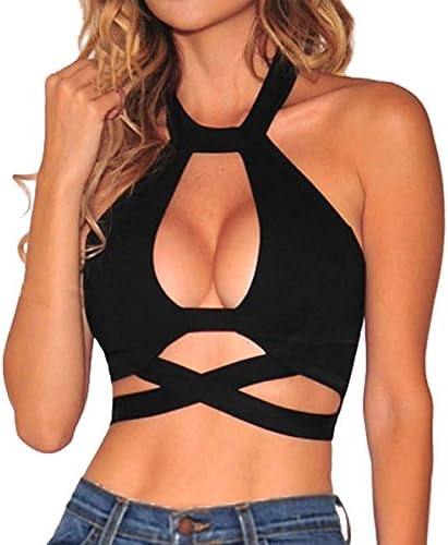 ZhengYuan Womens Sexy Crisscross Cut Out Halter Crop Top Clubwear (Black, Medium)