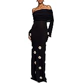 Unybwonn Women Sexy Off Shoulder Crochet Maxi Dress Bodycon Stretchy Mesh Knit Dress Long Sleeve Tube Top Elegant Dresses