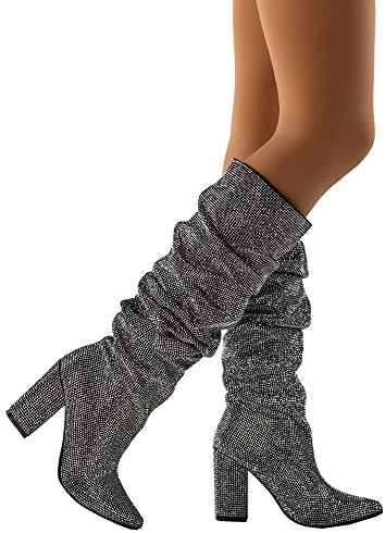 RF SHINE Rhinestone Embellished Pointy Toe Slouchy Western Chunky Blocked Heel Pull On Knee High Boots PEWTER (10)