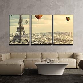 3 Piece Canvas Wall Art - Colorful Hot Balloons Flying Above The Eiffel Tower in Paris - Modern Home Art Stretched and Framed Ready to Hang - 16"x24"x3 Panels
