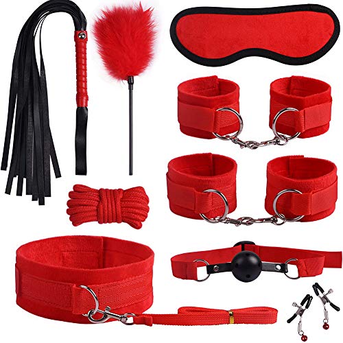 9 Piece Bondage Restraints Set Kit for Bed and Under Bed Sex Play SM Bondage Toy Gear Wrist Cuffs Gags Collar Spanking Nipple Rope Strap On Harness for Women Couples Lesbian Female