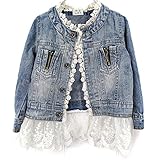 Urparcel Girls Jacket Denim Jean Lace Outerwear Overcoat Cowboy Coat Collarless