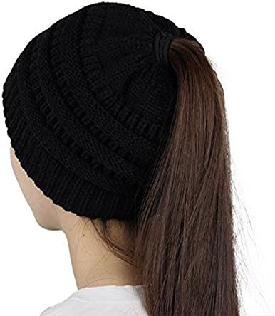 Slouchy Cable Knit Beanie Hat, Oversized Stretch Chunky Beanie Winter Bun Ponytail Skull Hat for Women Girls - Stay Warm & Stylish (Black)
