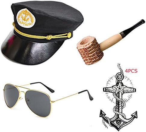 Yacht Captain & Sailor Costume Set - Hat,Corn Cob Pipe,Aviator Sunglasses,Vintage Anchor Temporary Tattoo