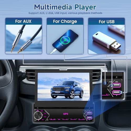 FM RDS 1 Din Car Radio Wireless Carplay Android Auto, Retractable Touch Screen 7 Inch Bluetooth Car Radio, EQ, Mirror Link, Reversing Camera, MIC, AUX, USB