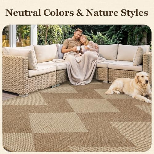 Outdoor Rug-Patio Rug 8x10 Outdoor Carpet Polypropylene Indoor Outdoor Rug for Patio Porch Deck Balcony Textured Weave Durable Mat Boho Stripes Pattern Beige & Brown