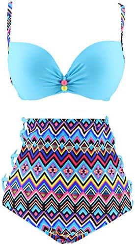 Fanssie Elegant Retro Vintage High Waist Geometric Bikini Swimsuit (M,Sky blue)