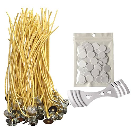 Homankit Candle Making Kit | 100 Pieces x 8" Pre Bees Waxed Wicks with Sustainer Tabs, 100 dots Double-Sided Wick Stickers and 1 Piece Stainless Wick Fixed Holder for Candle Making