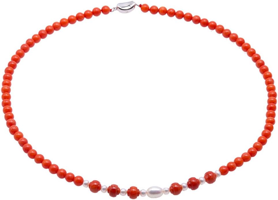 JYX Single Strand Coral Beads Necklace Natural 3.5-5.5mm Orange Coral Beads and freshwater Pearl Jewelry for Women