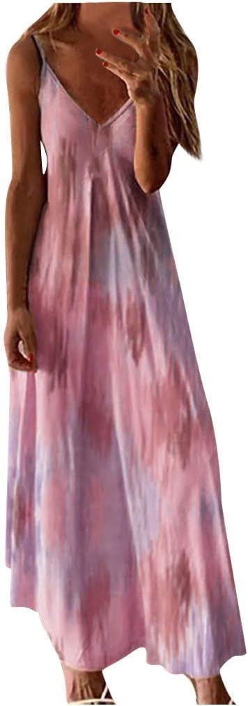 Handyulong Womens Dresses Casual Summer Sundress Sleeveless V-Neck Gradient Color Loose Maxi Long Dress Tunic Tank Dress