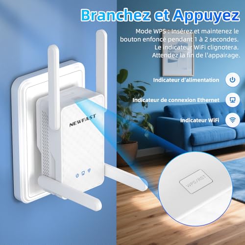 NEWFAST NF-RE556 WiFi Repeater, Powerful AX3000 Mbps WiFi Amplifier, Gigabit Ethernet Port, 2402Mbps 5GHz & 574Mbps 2.4GHz WiFi Repeater Compatible with All Internet Boxes, 4 Antennas