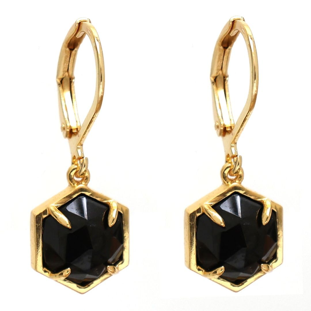 Gempires Black Spinel Hexagon Drop Earrings for