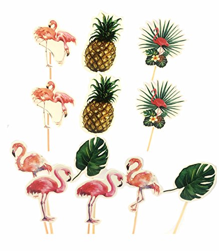 Palm Leaves Pink Flamingo Party Cupcake Toppers Luau Decorations, Set of 12