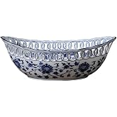 Aimusego Blue and White Porcelain Fruit Bowl, Hand Painted Floral Retro Hollow Ceramic Fruit Tray Plate Dish, Colander, Chinoiserie Oval Decorative Candy Serving Basket for Housewarming