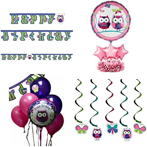 Owl Pal Party Themed Decorations Kit – Banner, Dizzy Dangler Hanging Decorations, Centerpiece and Balloons – Birthday Girl Bundle
