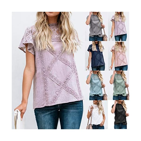 Camisetas Mujer SHOBDW Dia de la Mujer Verano Patchwork De Encaje Casual Ahuecar Volantes Manga Corta Suéter De Cuello… | DeHippies.com