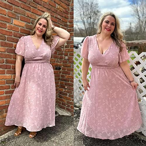 SIMPLEE WOMEN’S PLUS SIZE WEDDING GUEST DRESS SHORT SLEEVE FLOWY FALL FLORAL MAXI DRESS BOHO MATERNITY DRESS FOR PHOTOSHOOT (2XL PINK)