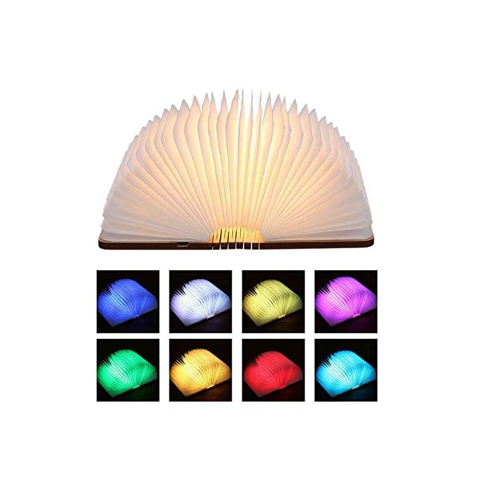 Lámpara de Libro LED de Madera en Forma de Libro, 8 colores de luz, Lámpara de Mesa Lámpara de Noche Book Lamp Recargable USB 360° Plegables Regalo Original Cumpleaños, Navidad