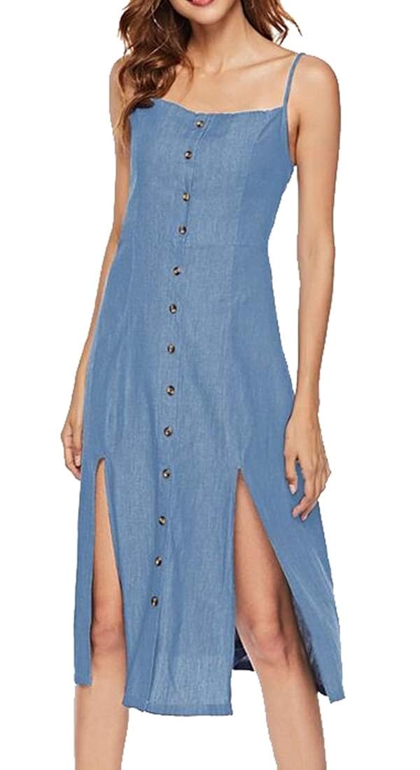 single breasted spaghetti strap denim dress