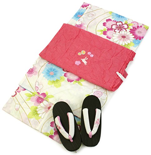 Girl's Cotton Yukata Obi Geta 3item set Japanese Costume Summer Kimono
