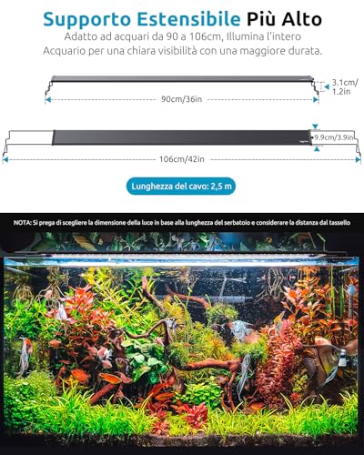 SEAOURA LED Light Aquarium Full Spectrum Timer 24/7 90-106 cm | LED high PAR, cycle day night, 3 timer+memory, 20 dim+9 colours, 15min gradation, adjustable supports, aluminium